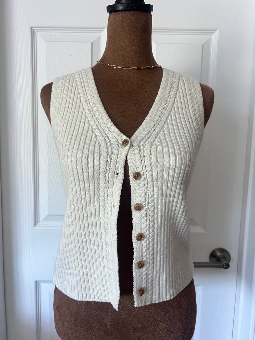 Cream Ribbed V-Neck Button-Front Sweater Vest